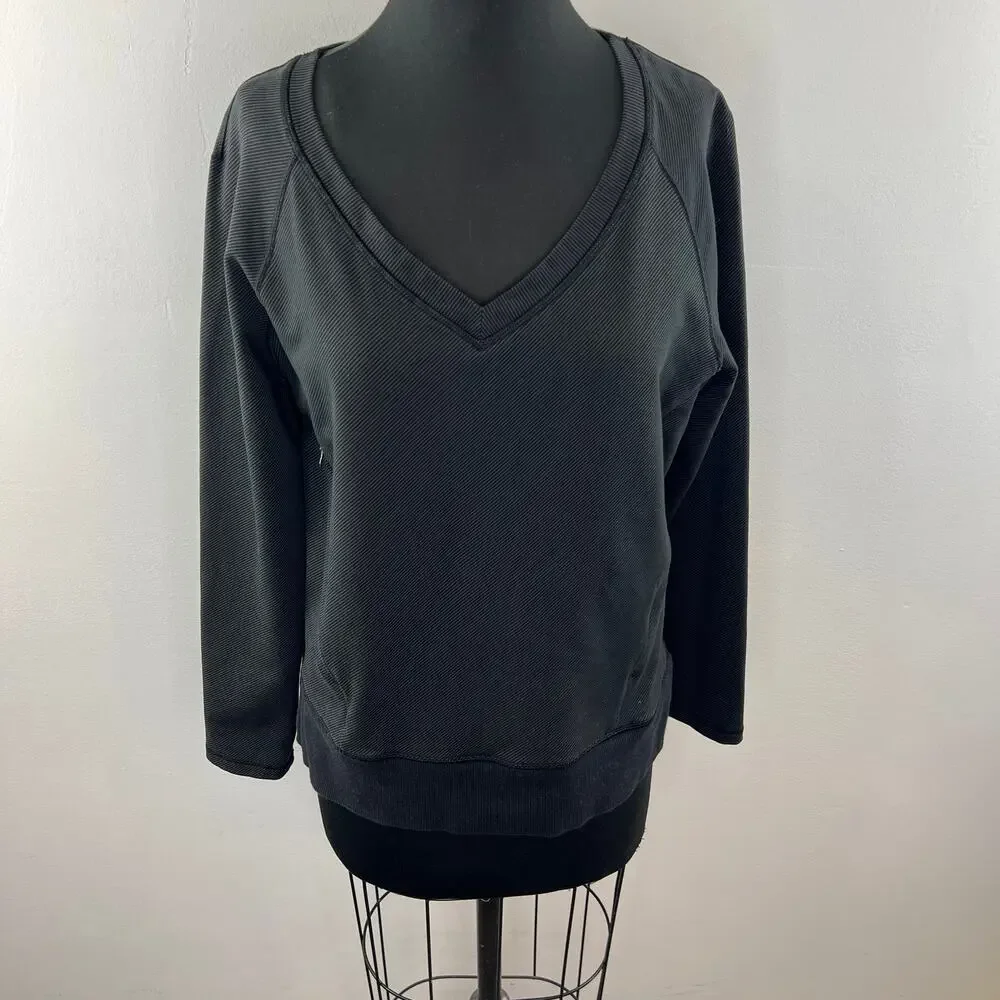 LULULEMON Black After Asana Long Sleeve V-Neck Pullover Sweatshirt w/ Pockets